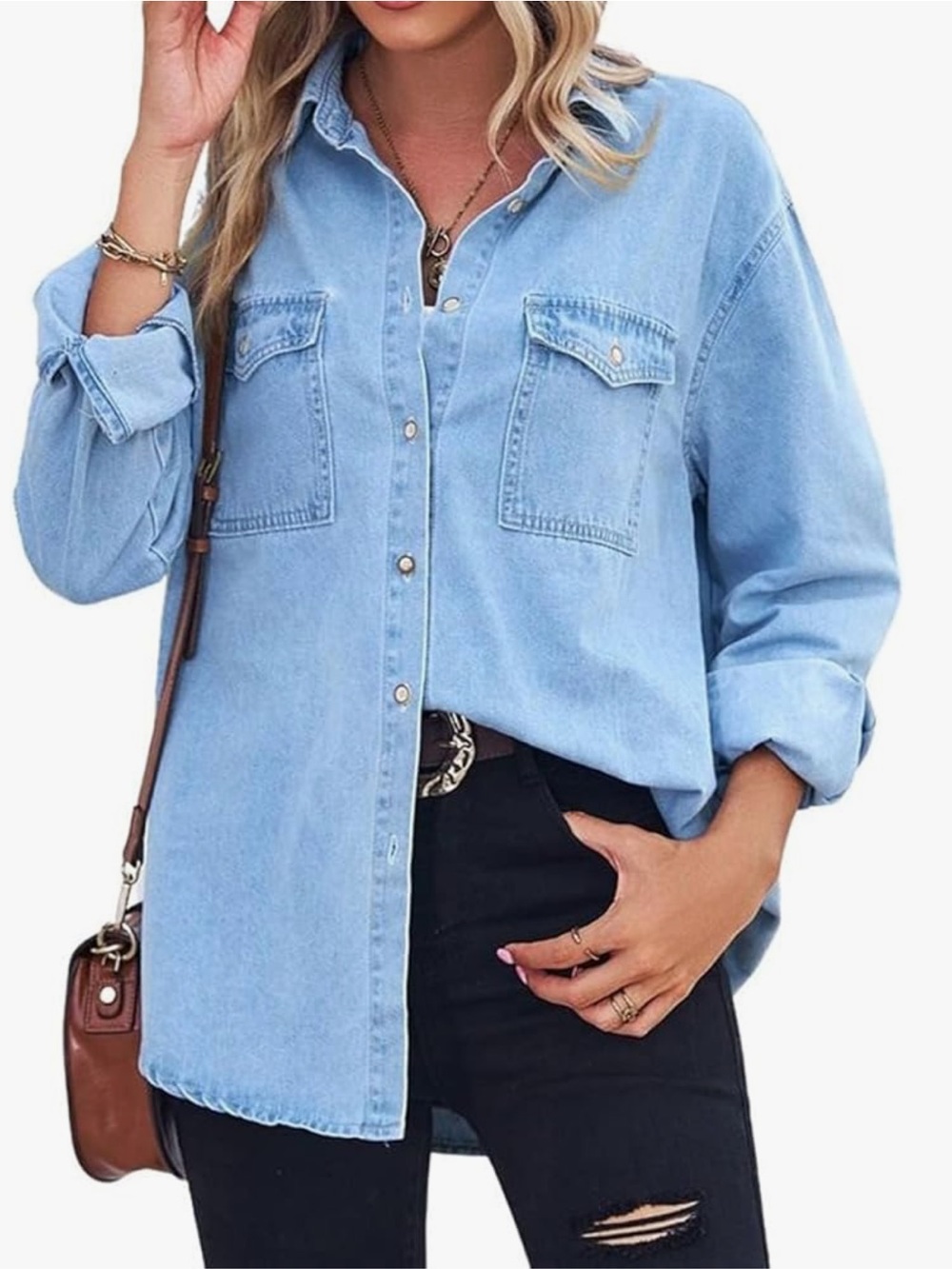 Light Blue Denim Button-Front Shirt. Size medium - Picture 3 of 14